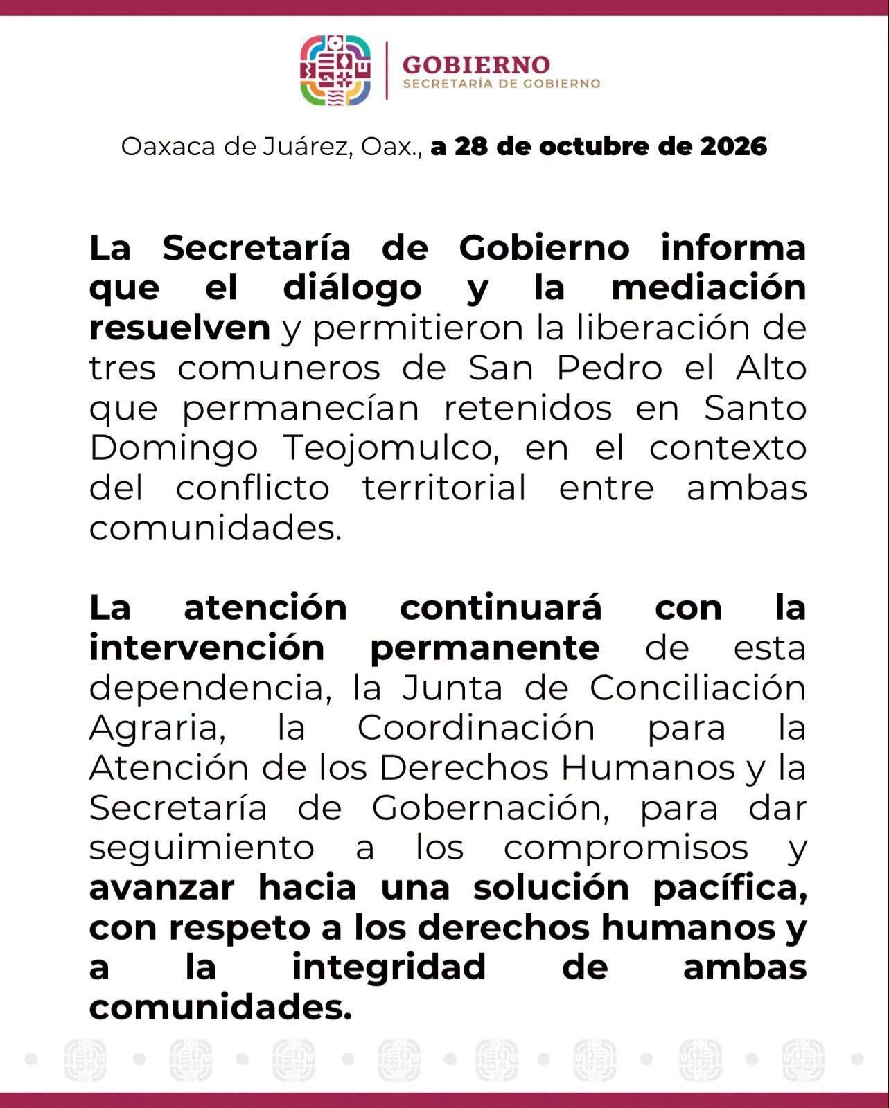 Con diálogo, Gobierno de Oaxaca logra la liberación de tres personas de San Pedro el Alto retenidas en Santo Domingo Teojomulco